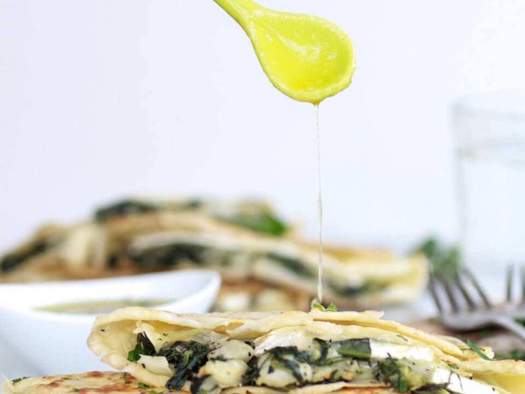 Brie, Spinach & Artichoke Heart Pancakes with Honey Sauce