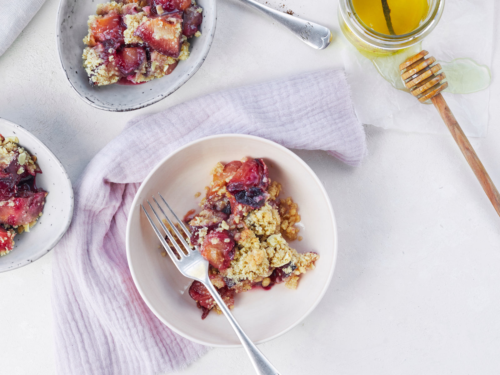 Roasted Plum & Vanilla Honey Almond Crumble