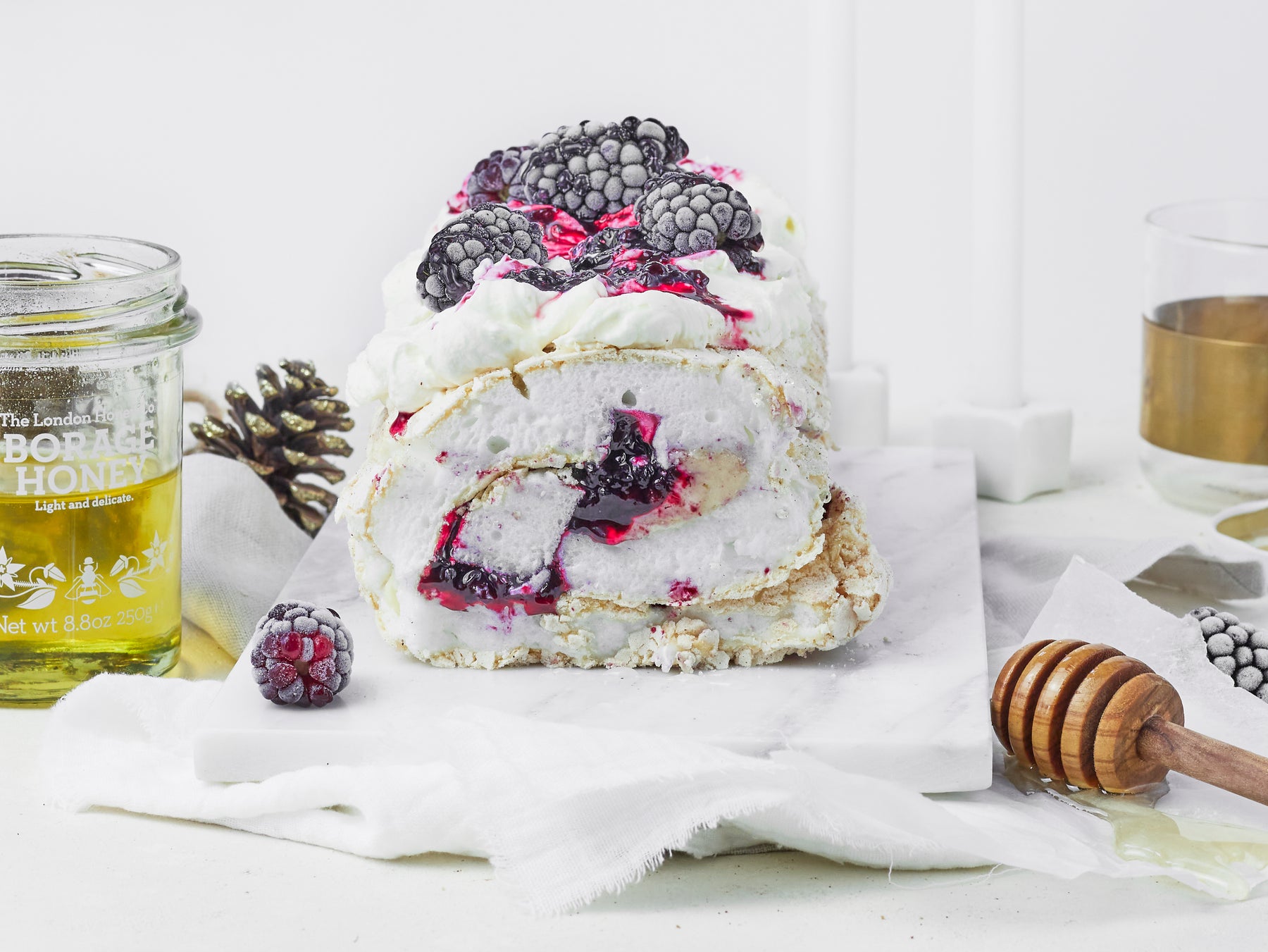 Honeyed Blackberry & White Chocolate Meringue Roulade