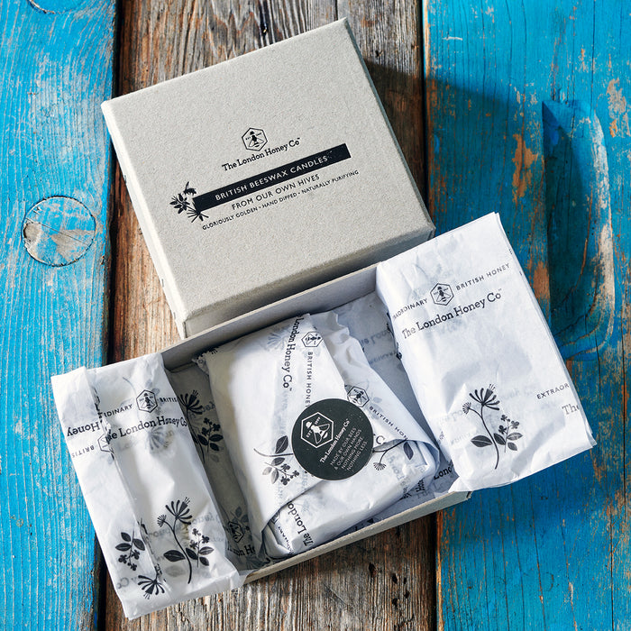 BRITISH BEESWAX CANDLES: Small Stumpy Pair in Gift Box