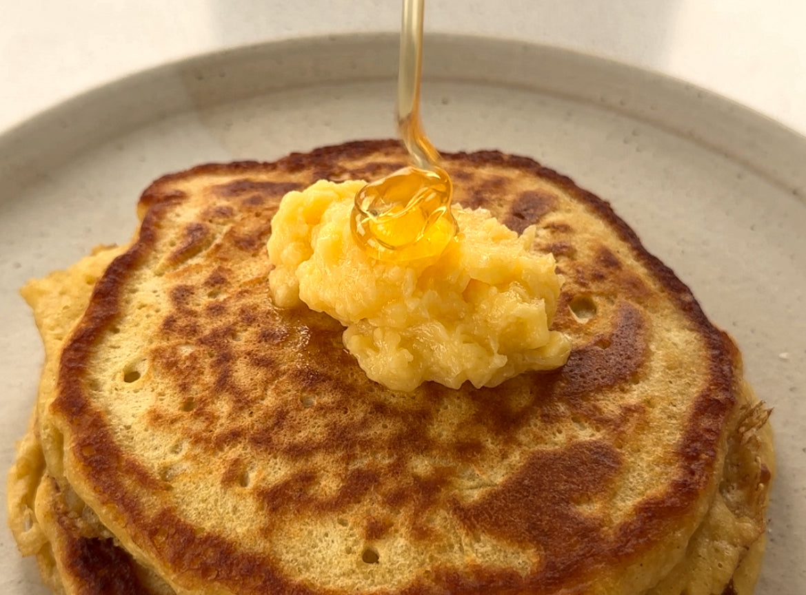 FLUFFY BUTTERMILK PANCAKES & SALTED HONEY BUTTER