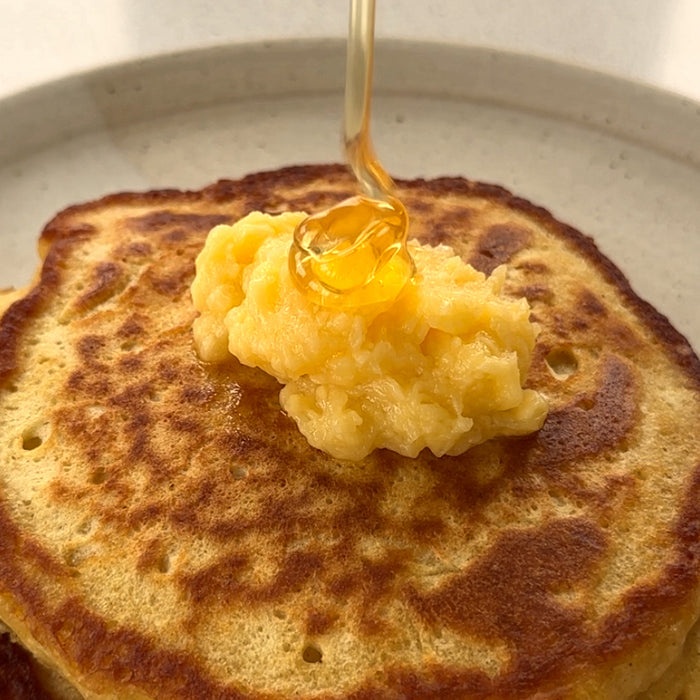 FLUFFY BUTTERMILK PANCAKES & SALTED HONEY BUTTER