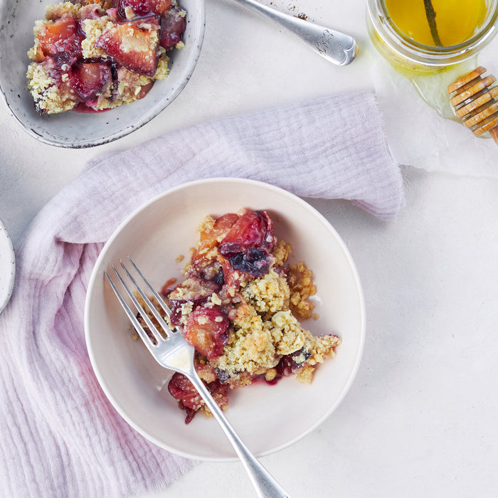 Roasted Plum & Vanilla Honey Almond Crumble