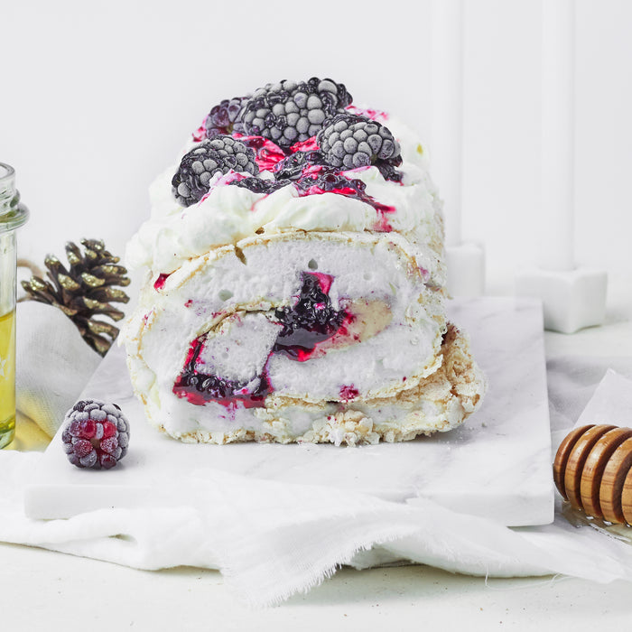 Honeyed Blackberry & White Chocolate Meringue Roulade