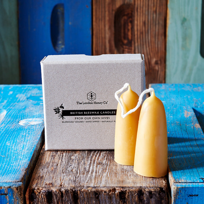 BRITISH BEESWAX CANDLES: Small Stumpy Pair in Gift Box